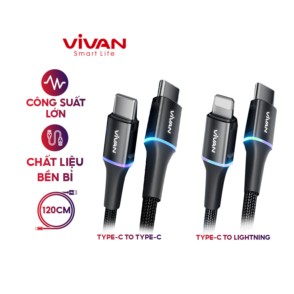 Cáp Sạc Nhanh VIVAN VDCL120/ VDCC120 Type-C to Light/ Type-C to Type-C, Led 7 Màu, Dài 120cm, Thiết Kế Chống Rối